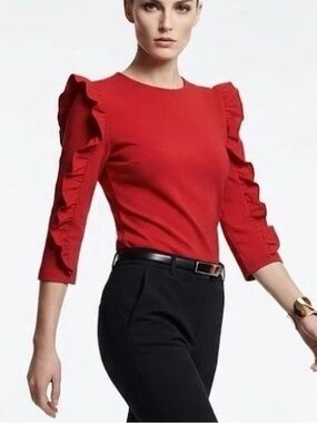 NEW Zara Red Ruffle Shoulder Top 3/4 Sleeve Red Minimalist Size Small